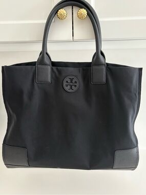 Tory Burch Ella Tote – Black Nylon & Leather